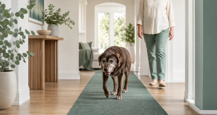 Healthy Paws Essentials scene illustrating room-by-room slip and fall safety for dogs with mobility issues