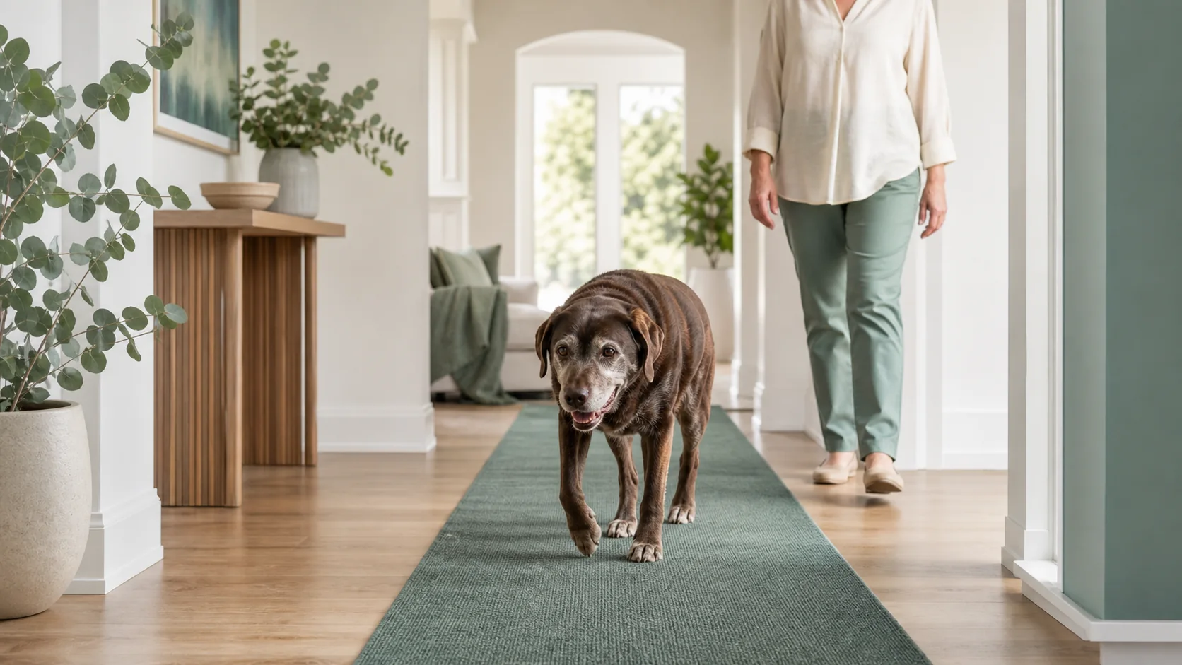 Healthy Paws Essentials scene illustrating room-by-room slip and fall safety for dogs with mobility issues