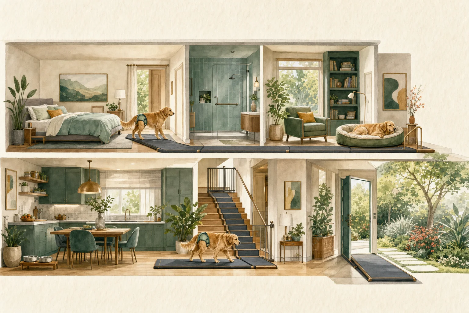 Illustrated owner guide for room-by-room slip and fall safety for dogs with mobility issues