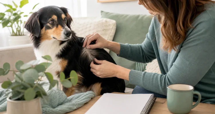 Healthy Paws Essentials scene illustrating skin and coat changes linked with external parasite irritation