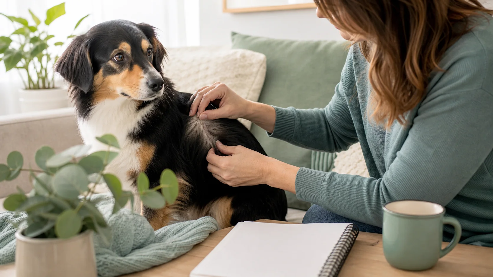Healthy Paws Essentials scene illustrating skin and coat changes linked with external parasite irritation