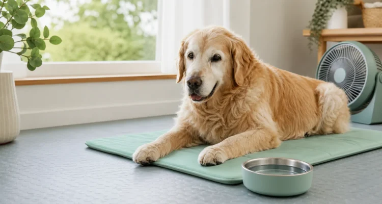 Healthy Paws Essentials scene illustrating reducing indoor heat and slip risk for dogs with mobility issues