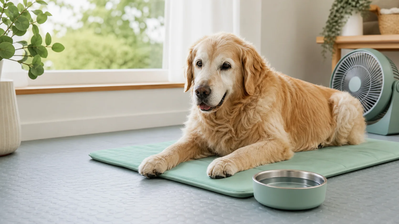 Healthy Paws Essentials scene illustrating reducing indoor heat and slip risk for dogs with mobility issues
