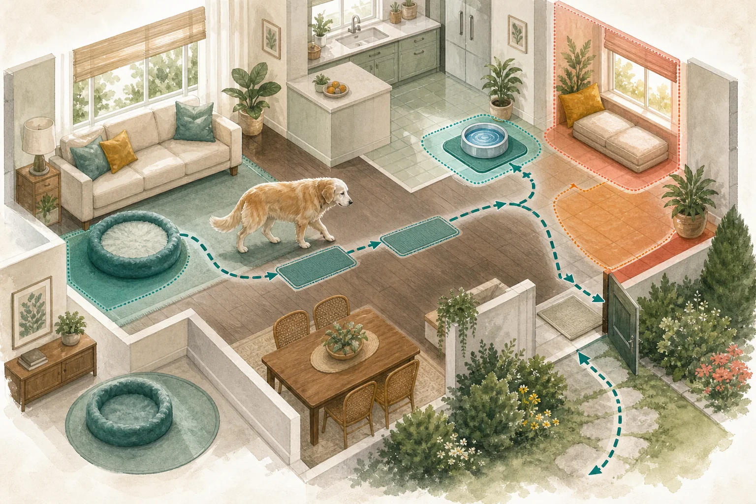 Illustrated owner guide for reducing indoor heat and slip risk for dogs with mobility issues