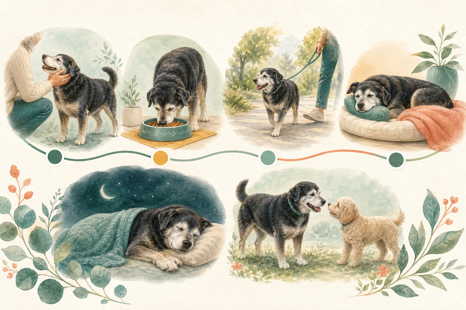 Illustrated owner guide for early energy and routine changes in senior dogs