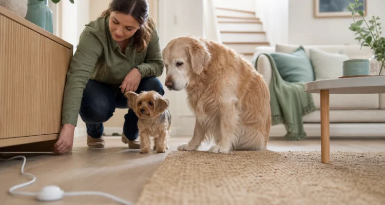 Healthy Paws Essentials scene illustrating room-by-room hazard check for small or senior dogs