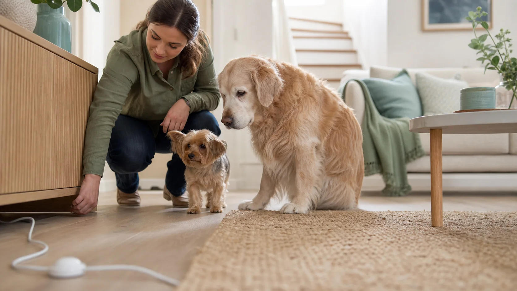Healthy Paws Essentials scene illustrating room-by-room hazard check for small or senior dogs