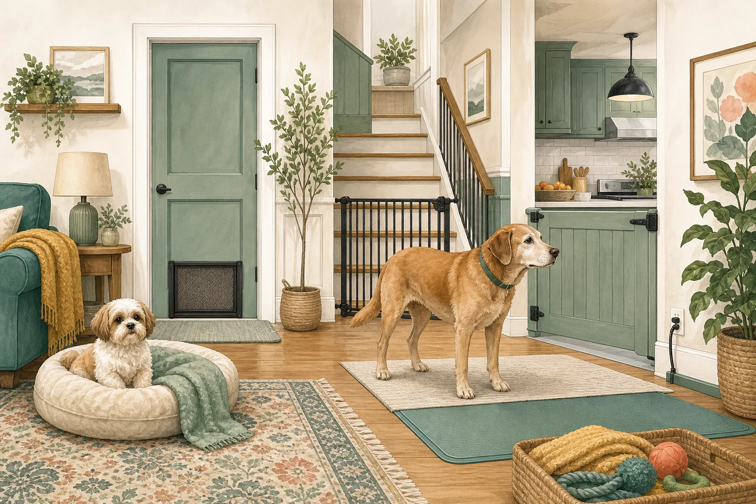 Illustrated owner guide for room-by-room hazard check for small or senior dogs