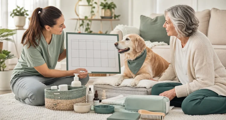 Healthy Paws Essentials scene illustrating weekly routine planner for senior dogs in busy households