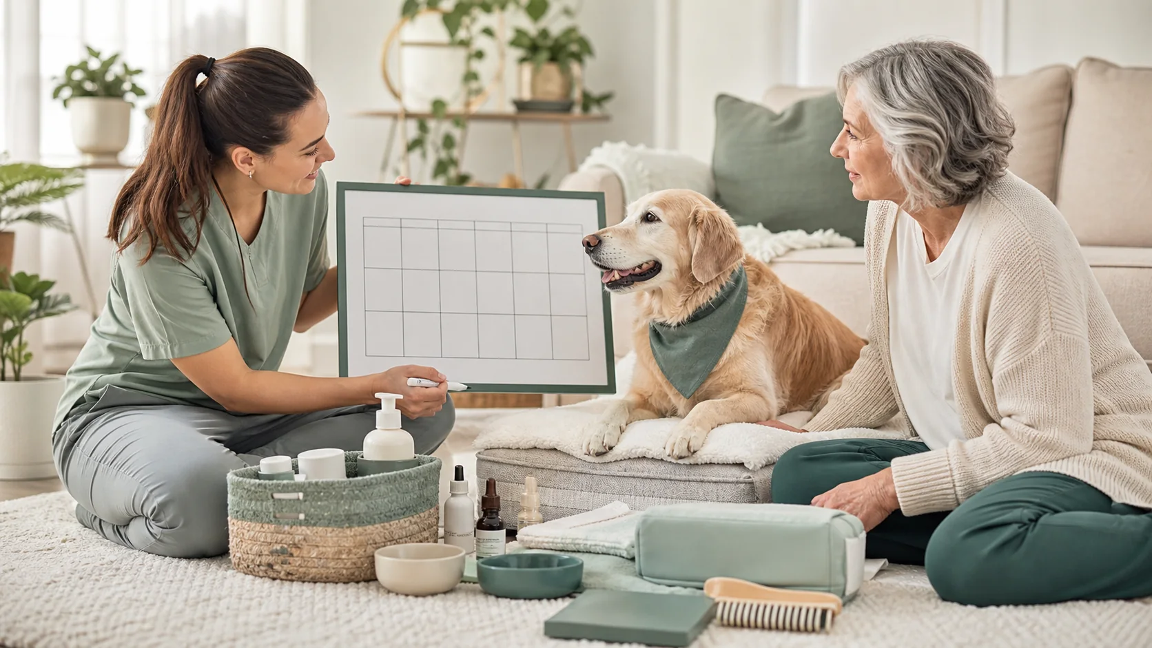 Healthy Paws Essentials scene illustrating weekly routine planner for senior dogs in busy households
