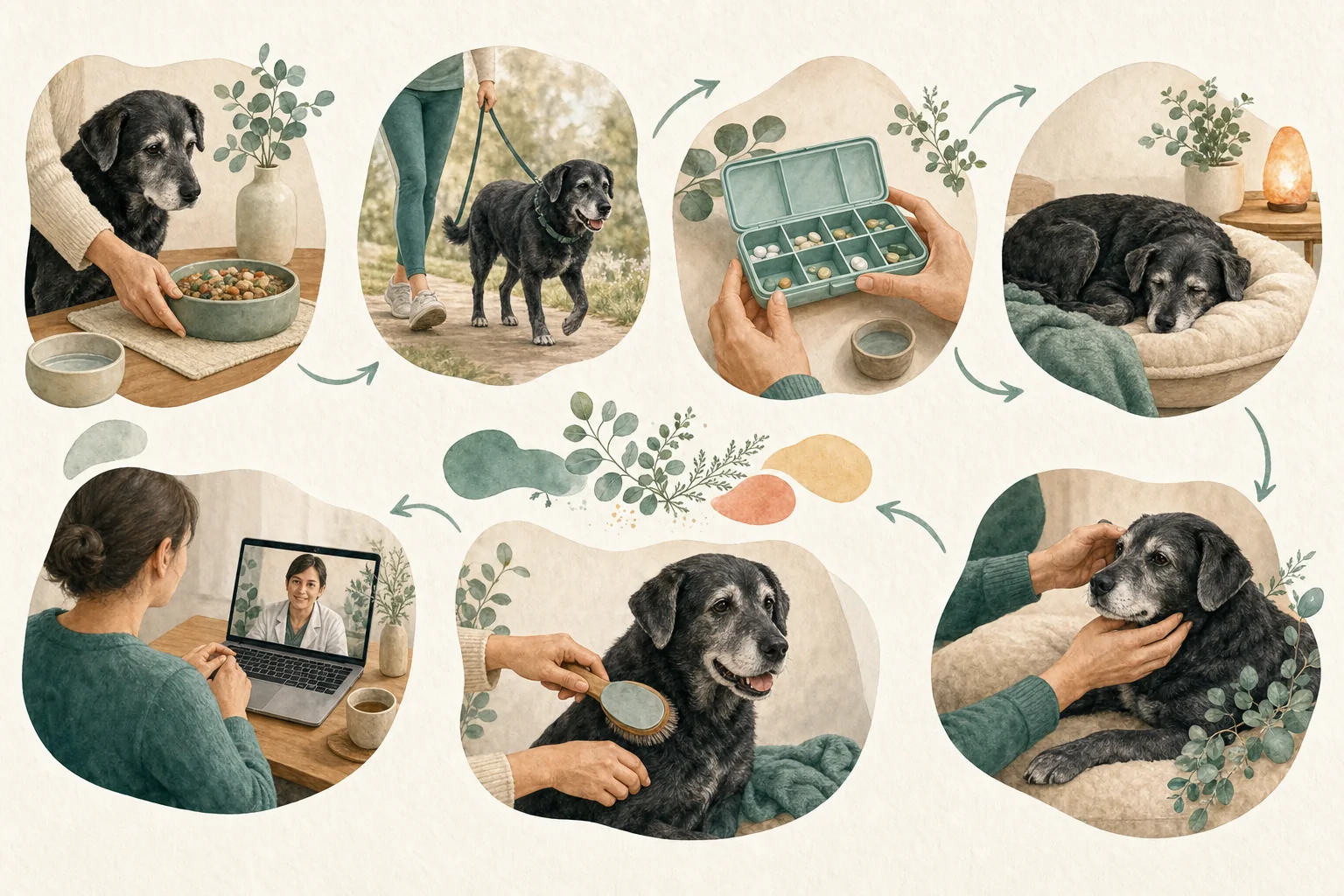 Illustrated owner guide for weekly routine planner for senior dogs in busy households