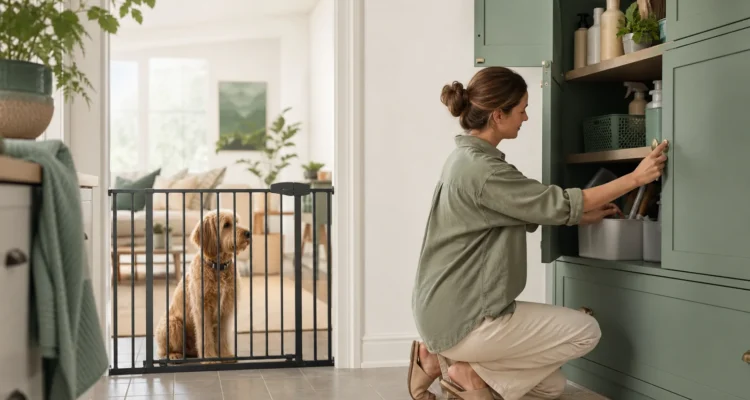Healthy Paws Essentials scene illustrating securing cleaning and garden products from dogs