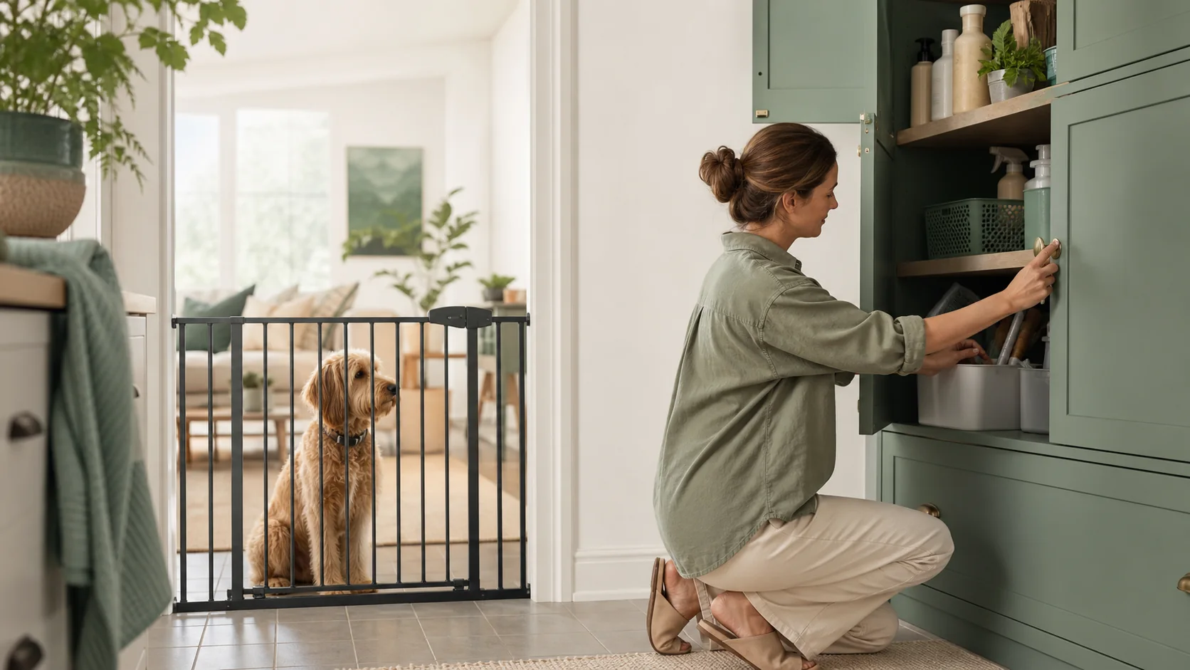 Healthy Paws Essentials scene illustrating securing cleaning and garden products from dogs