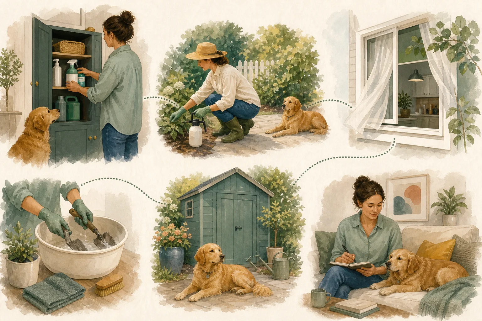 Illustrated owner guide for securing cleaning and garden products from dogs