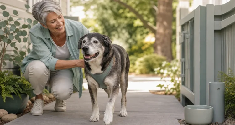 Healthy Paws Essentials scene illustrating outdoor safety for senior and mobility-limited dogs