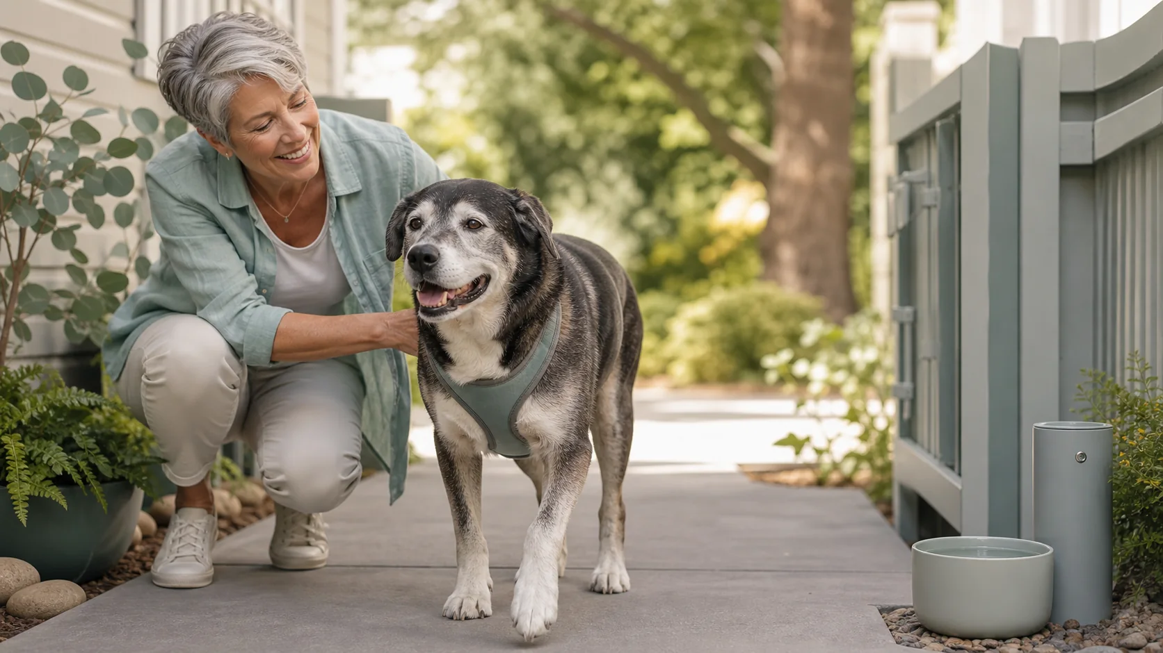 Healthy Paws Essentials scene illustrating outdoor safety for senior and mobility-limited dogs