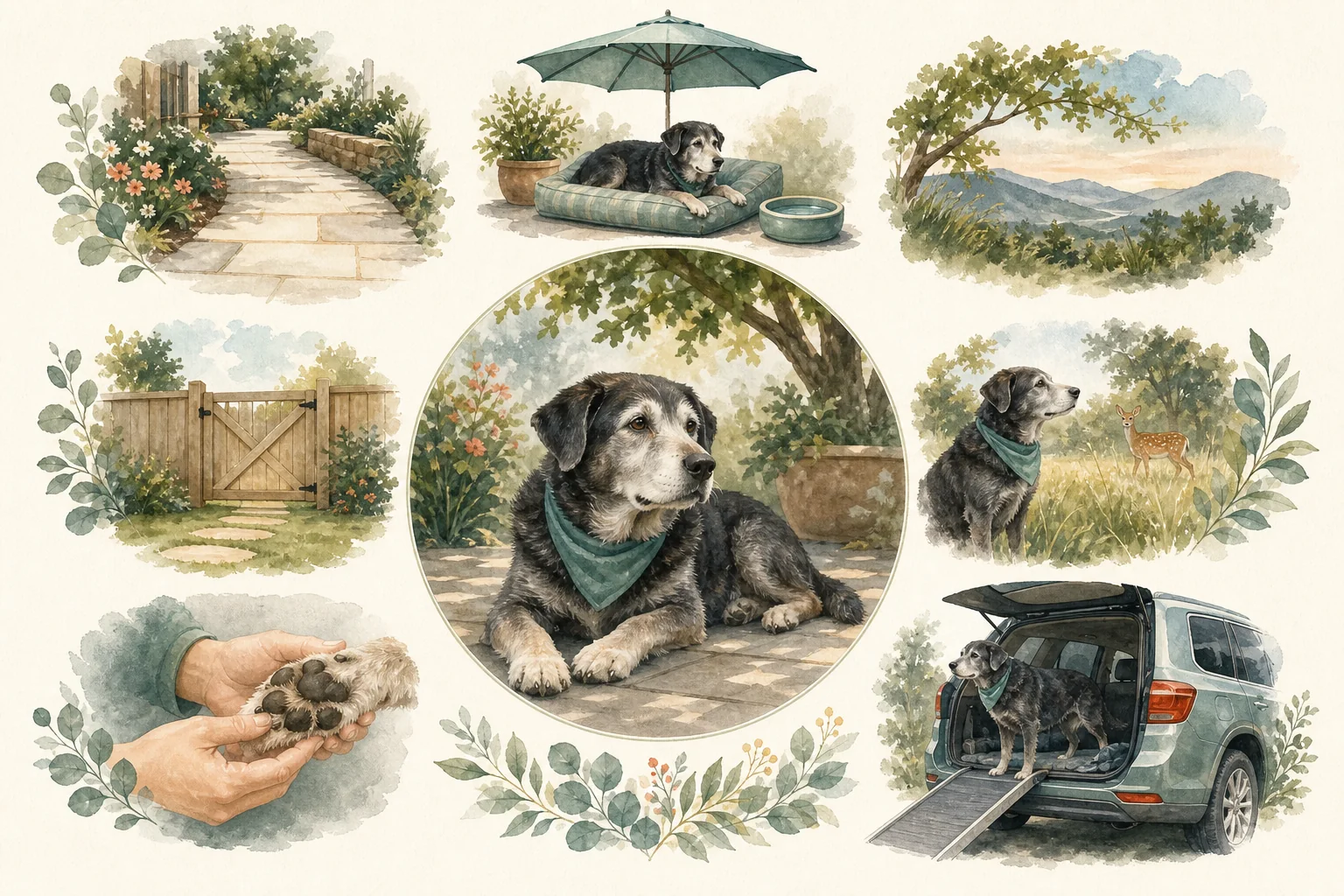 Illustrated owner guide for outdoor safety for senior and mobility-limited dogs