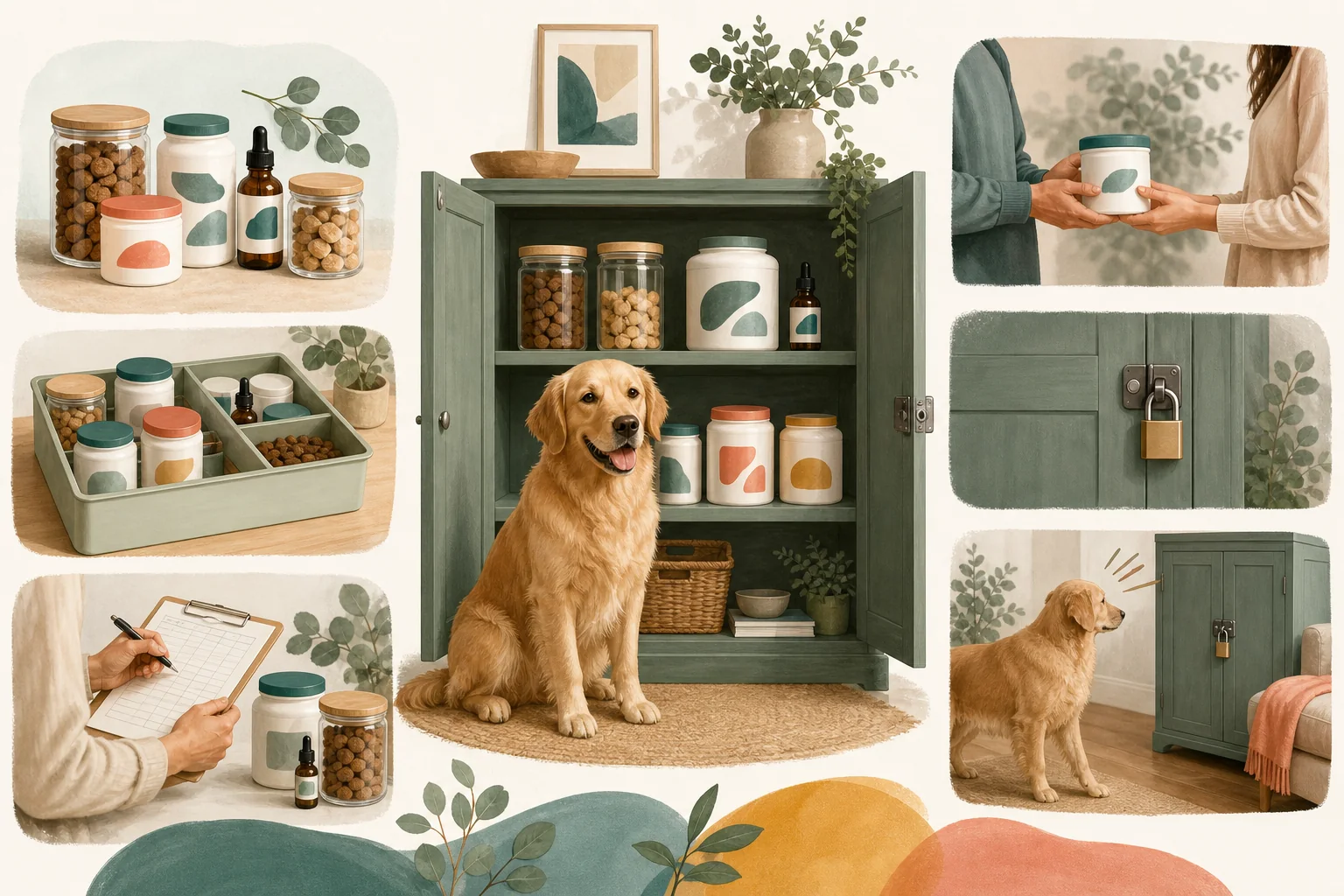 Illustrated owner guide for safe dog treat and supplement storage