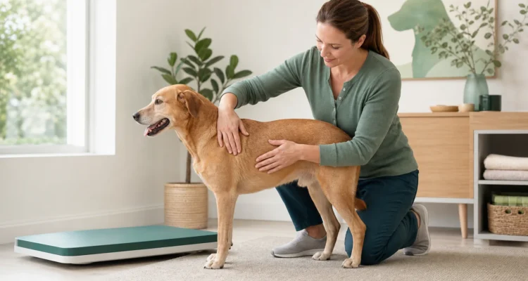 Healthy Paws Essentials scene illustrating assessing and tracking dog body condition at home