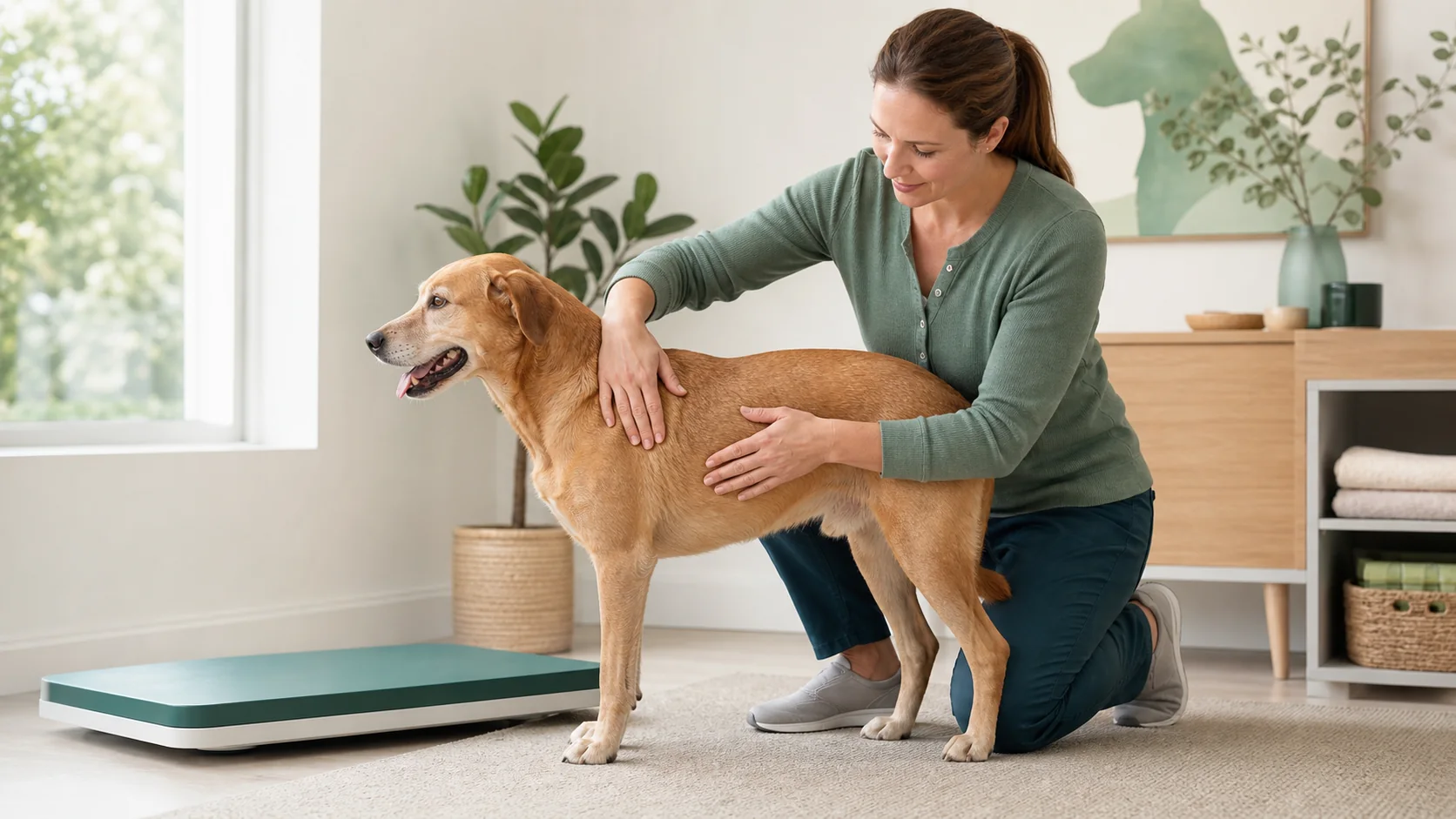 Healthy Paws Essentials scene illustrating assessing and tracking dog body condition at home
