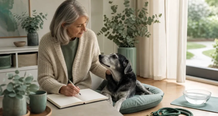 Healthy Paws Essentials scene illustrating reassessing a senior dog's daily routine