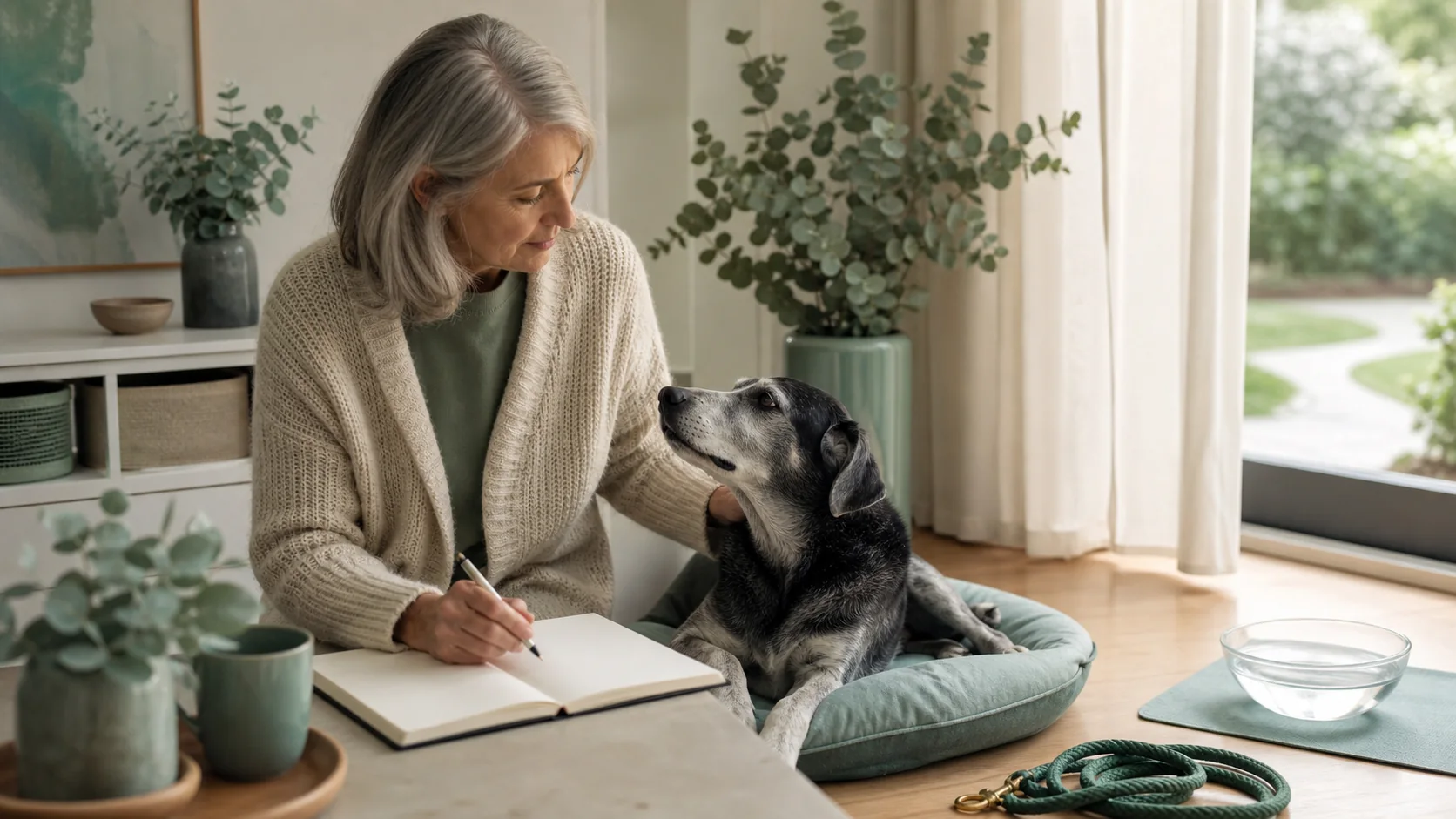 Healthy Paws Essentials scene illustrating reassessing a senior dog's daily routine