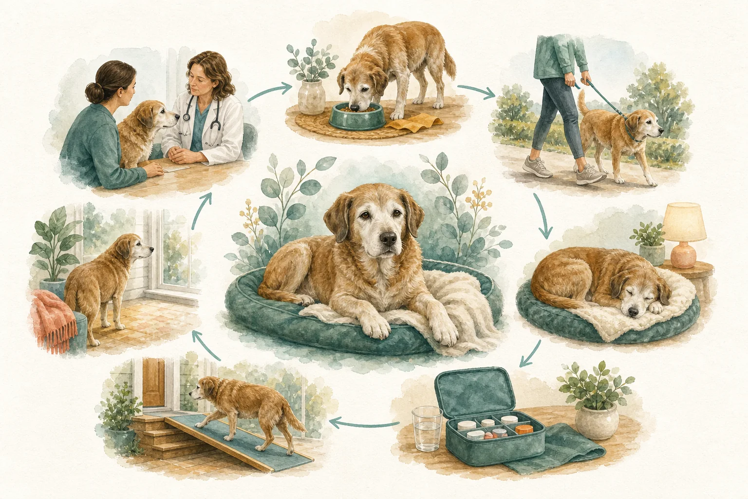 Illustrated owner guide for reassessing a senior dog's daily routine