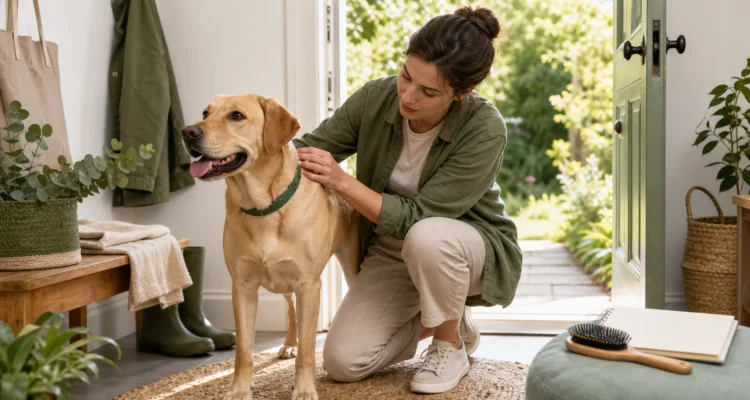 Healthy Paws Essentials scene illustrating environmental parasite risk and skin or coat changes