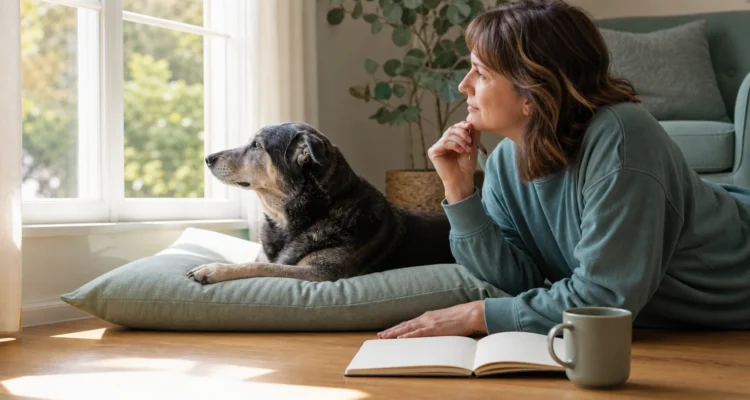 Healthy Paws Essentials scene illustrating observing subtle anxiety changes in senior dogs at home