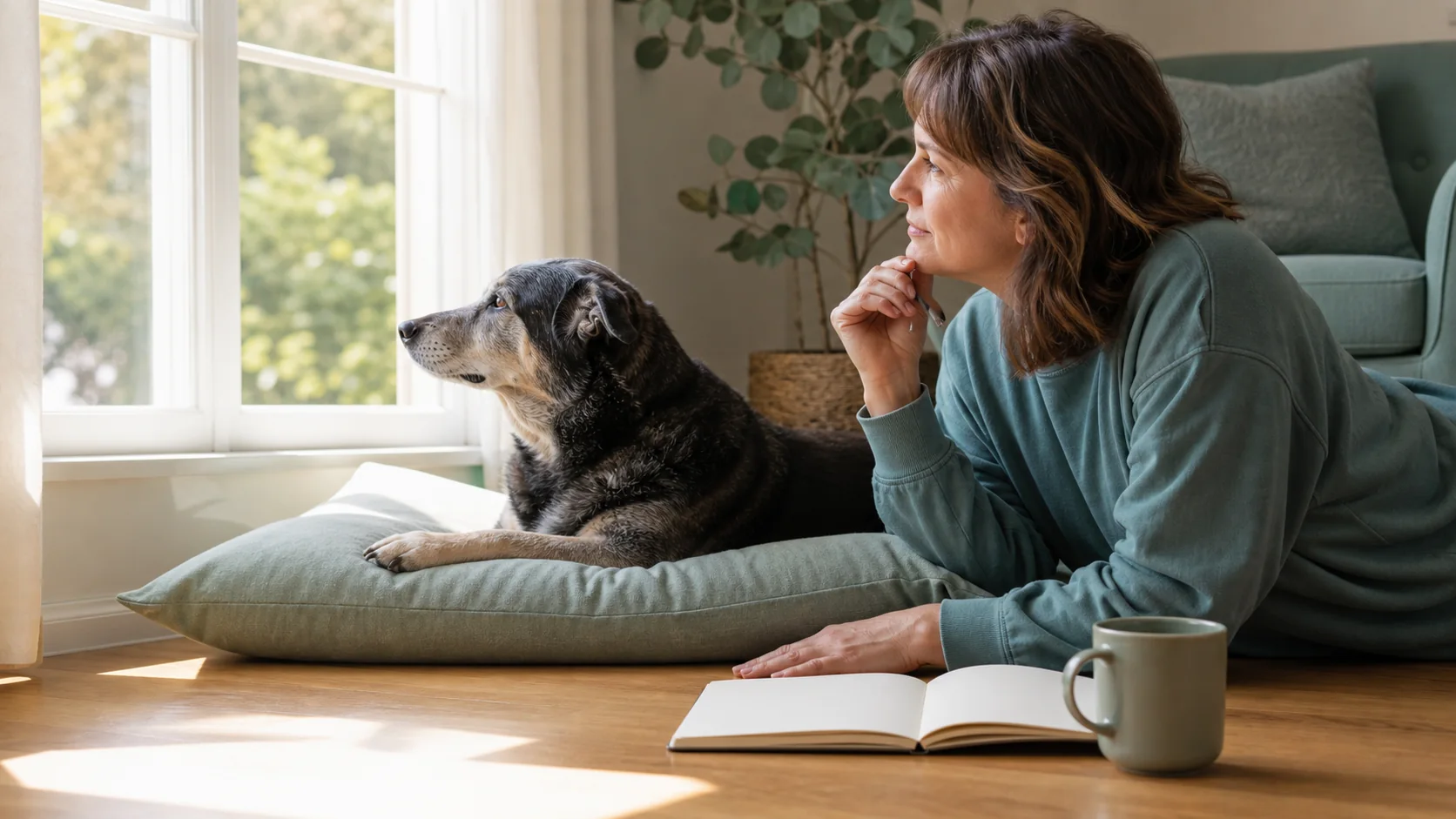 Healthy Paws Essentials scene illustrating observing subtle anxiety changes in senior dogs at home