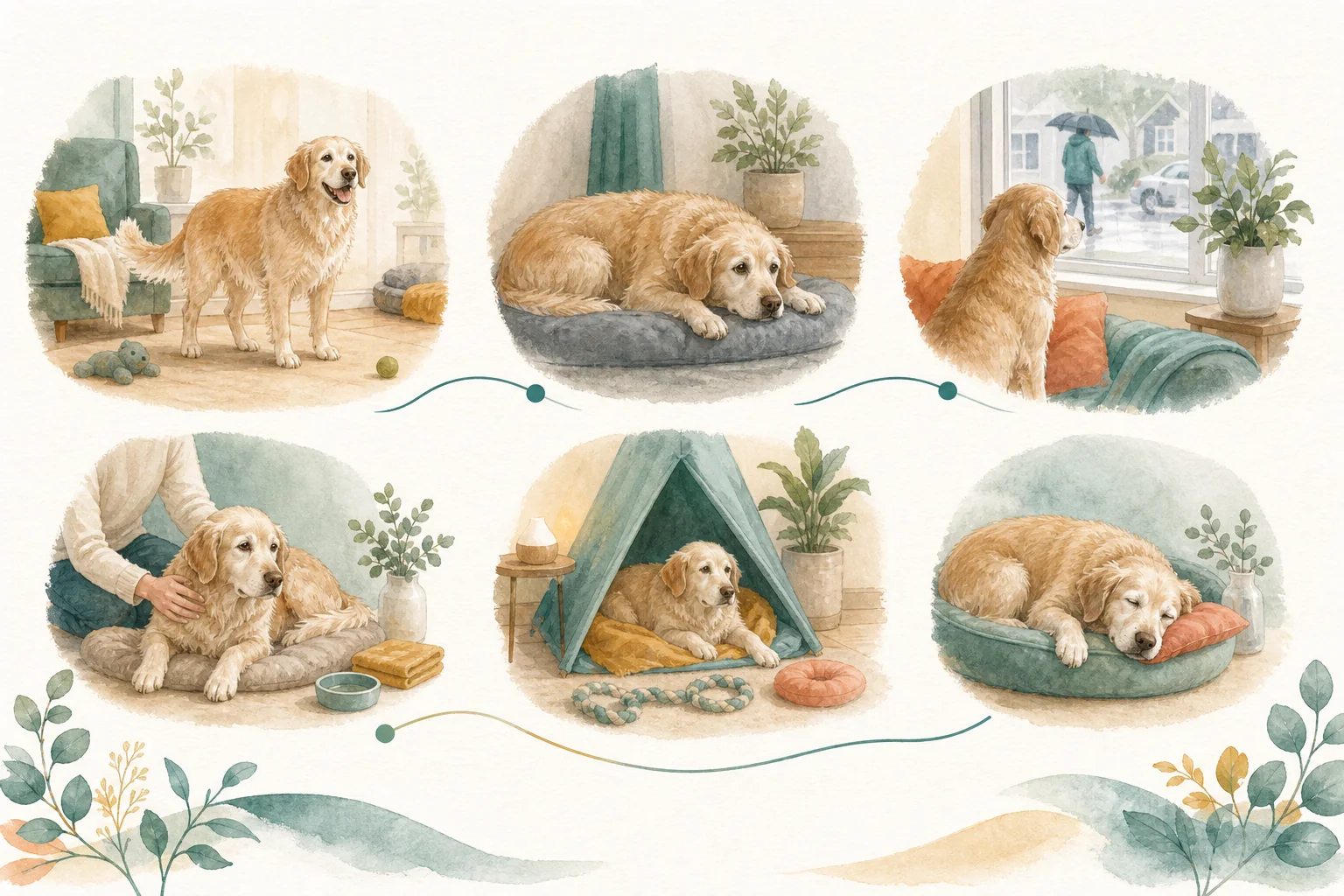 Illustrated owner guide for observing subtle anxiety changes in senior dogs at home