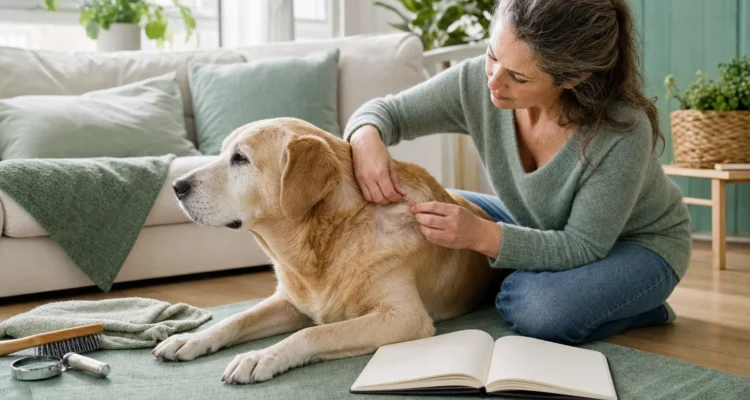 Healthy Paws Essentials scene illustrating monitoring senior dog skin and coat changes at home