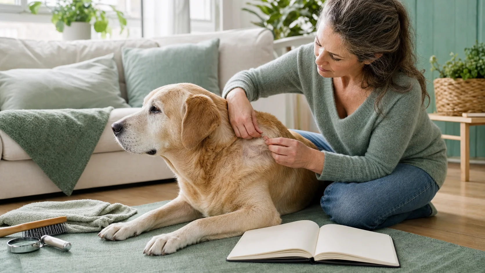 Healthy Paws Essentials scene illustrating monitoring senior dog skin and coat changes at home