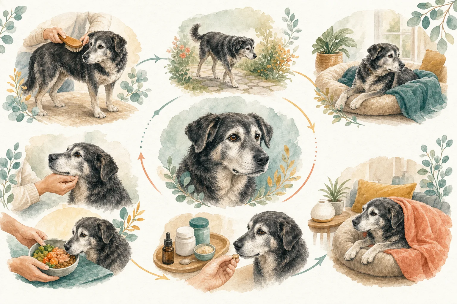 Illustrated owner guide for monitoring senior dog skin and coat changes at home