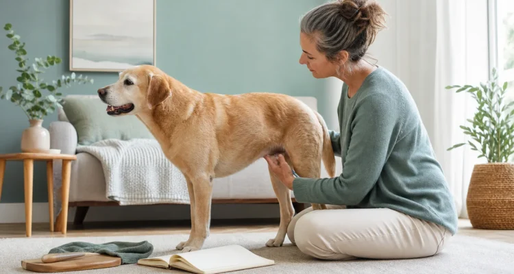 Healthy Paws Essentials scene illustrating noticing early weight and posture changes in middle-aged and senior dogs