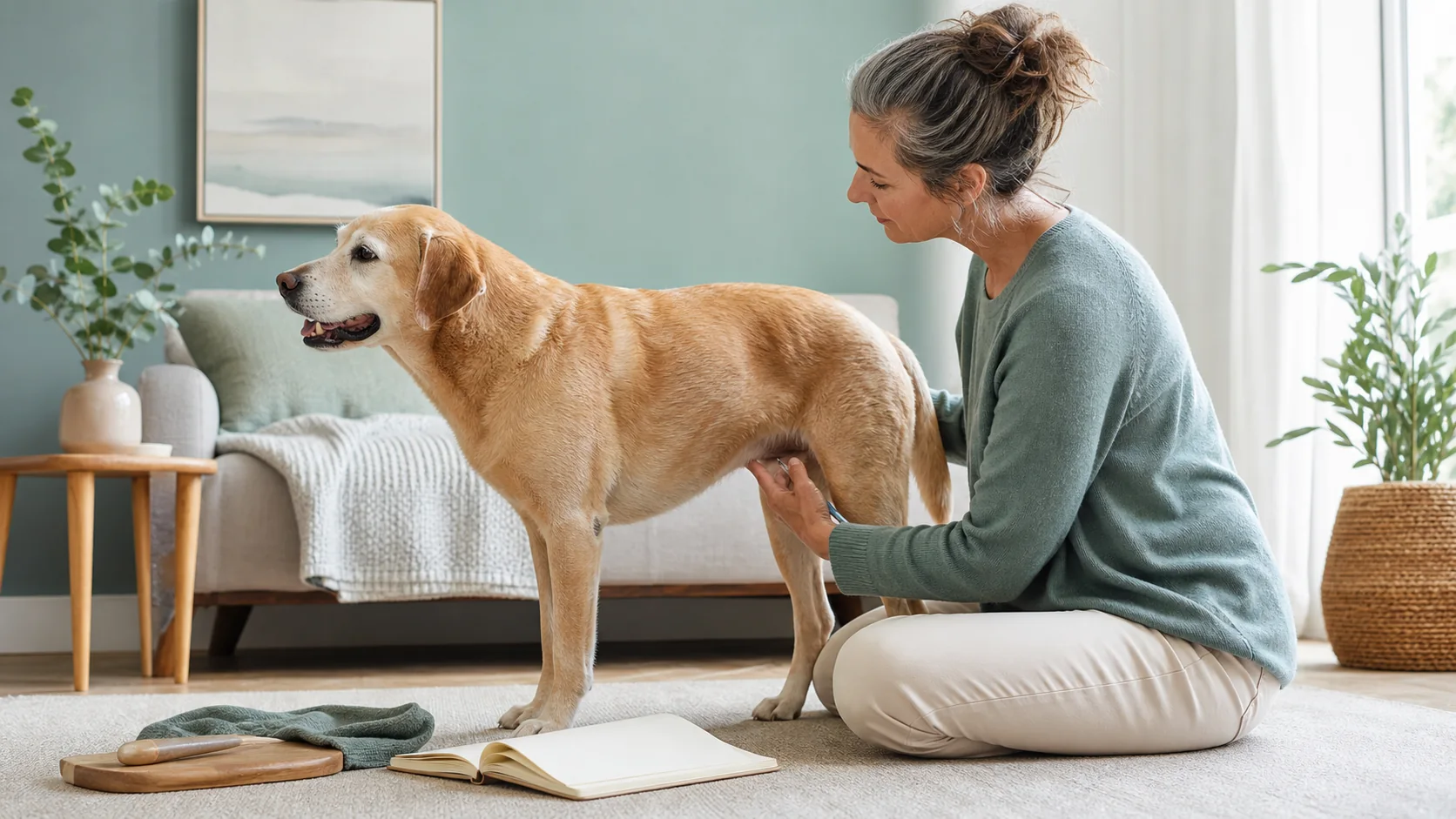 Healthy Paws Essentials scene illustrating noticing early weight and posture changes in middle-aged and senior dogs