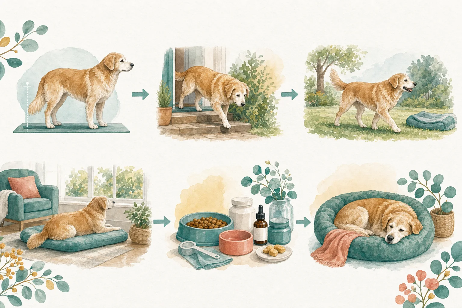 Illustrated owner guide for noticing early weight and posture changes in middle-aged and senior dogs