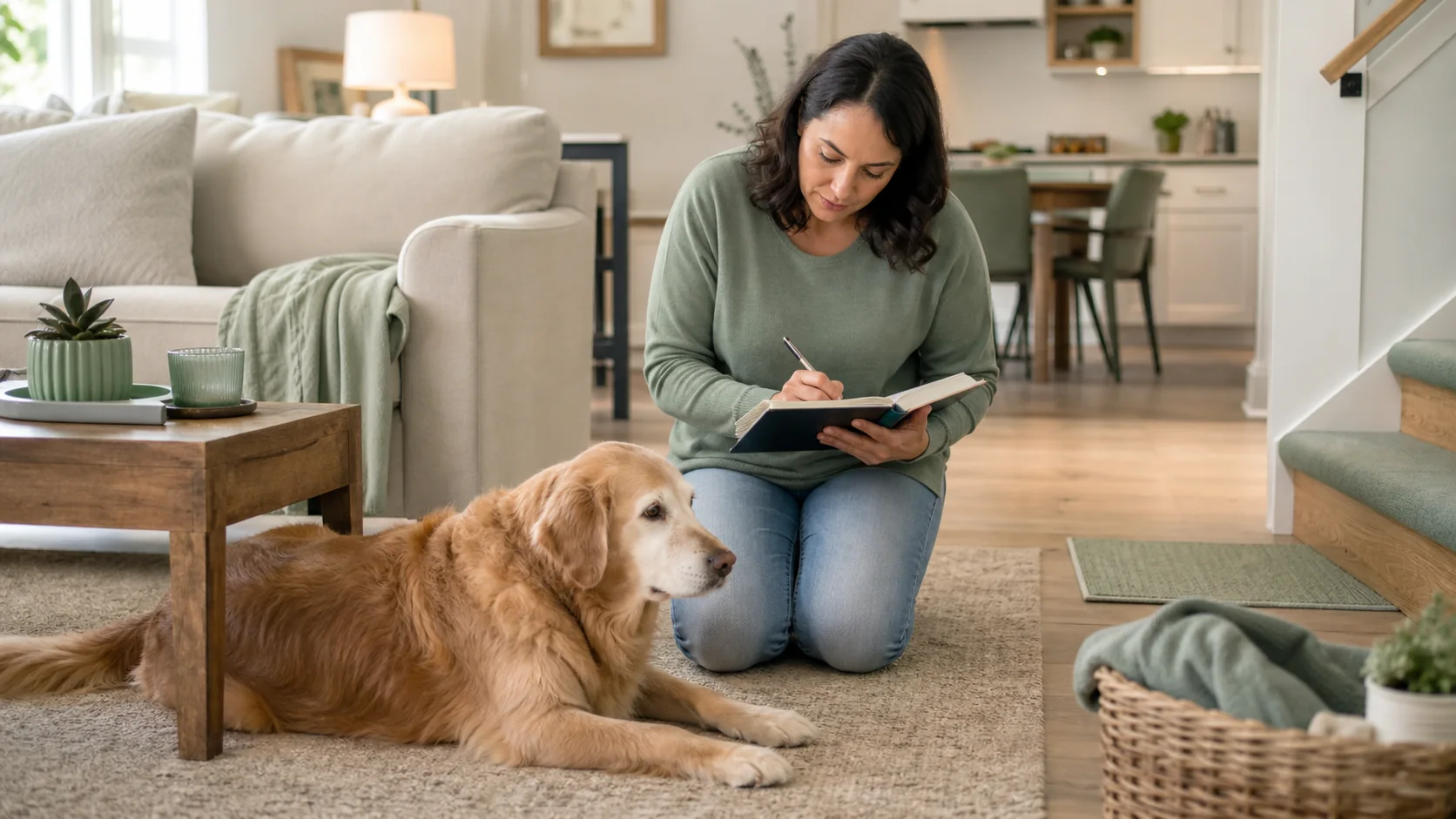 Healthy Paws Essentials scene illustrating room-by-room home safety checklist for senior dogs
