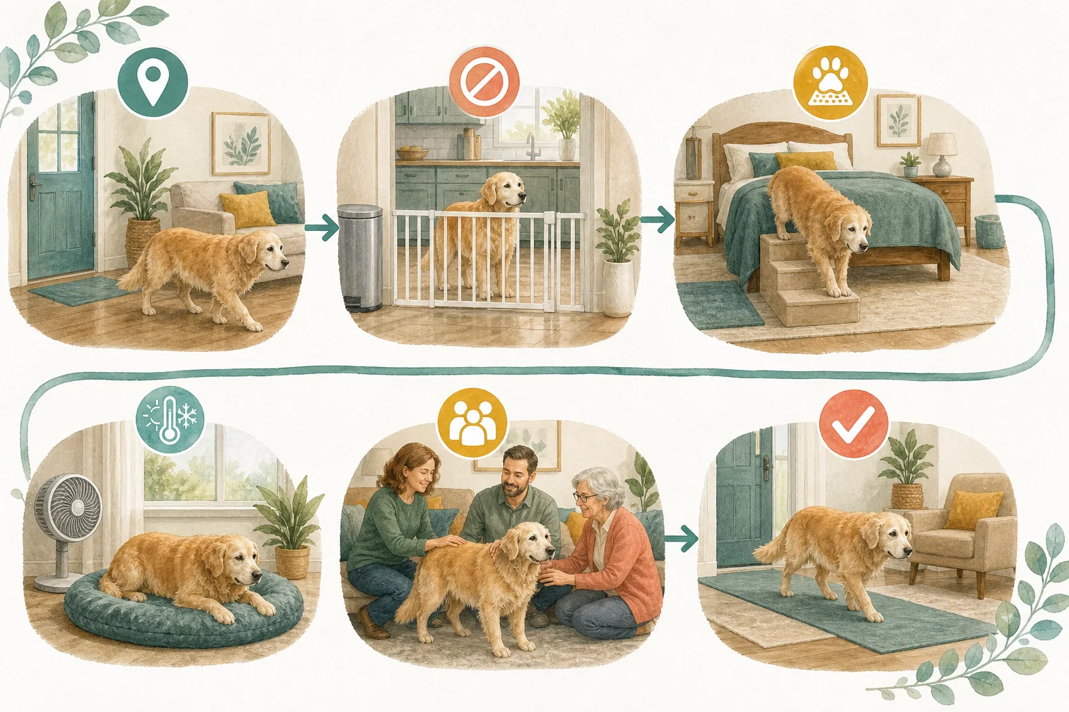 Illustrated owner guide for room-by-room home safety checklist for senior dogs