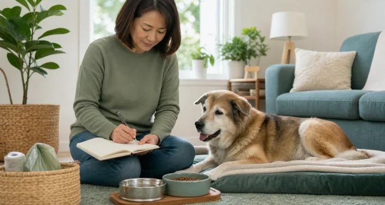 Healthy Paws Essentials scene illustrating daily bowel movement and appetite tracking for senior dogs