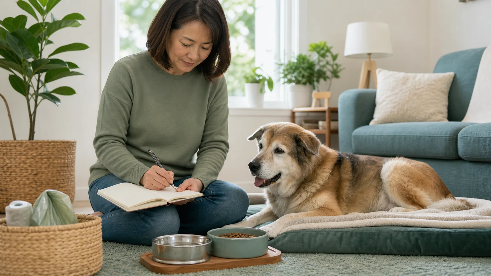 Healthy Paws Essentials scene illustrating daily bowel movement and appetite tracking for senior dogs