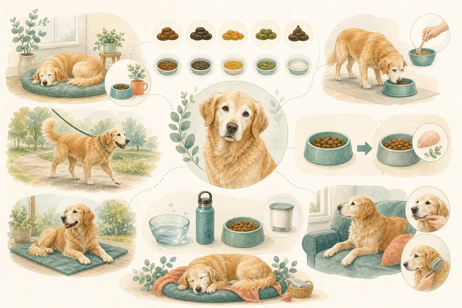Illustrated owner guide for daily bowel movement and appetite tracking for senior dogs
