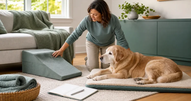 Healthy Paws Essentials scene illustrating at-home safety plan for senior dogs with joint issues