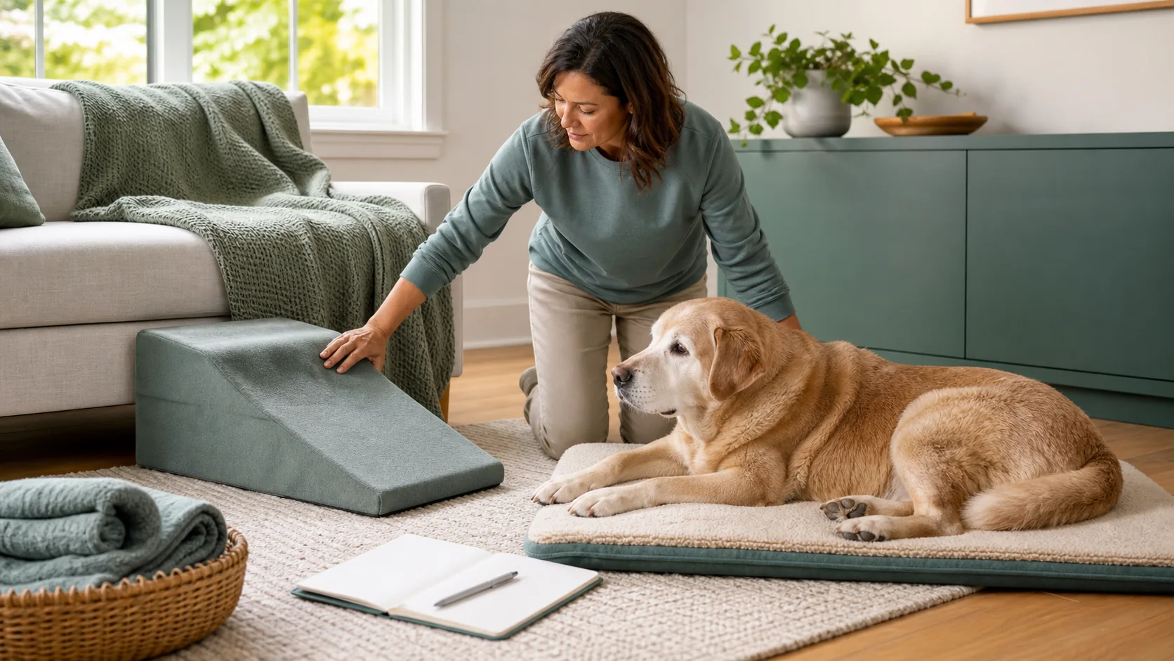 Healthy Paws Essentials scene illustrating at-home safety plan for senior dogs with joint issues