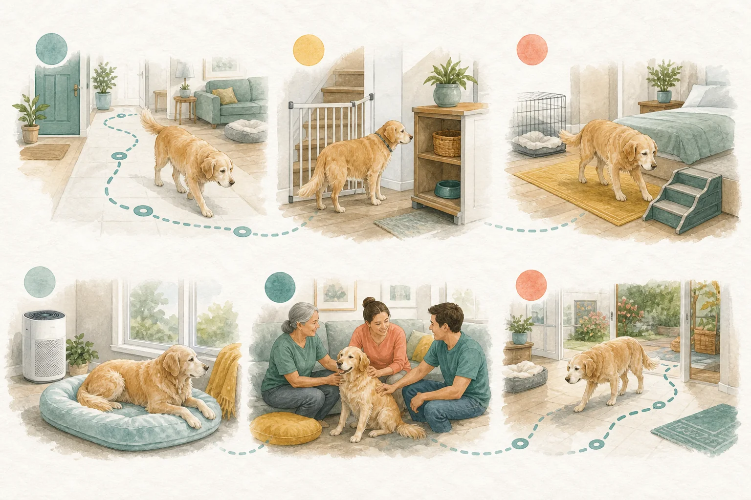 Illustrated owner guide for at-home safety plan for senior dogs with joint issues