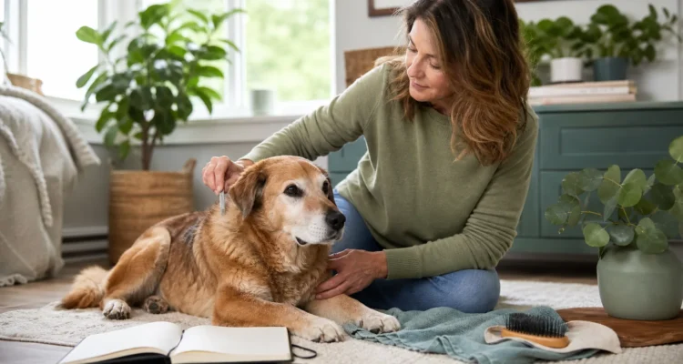 Healthy Paws Essentials scene illustrating environmental parasite risk and skin & coat changes in senior dogs