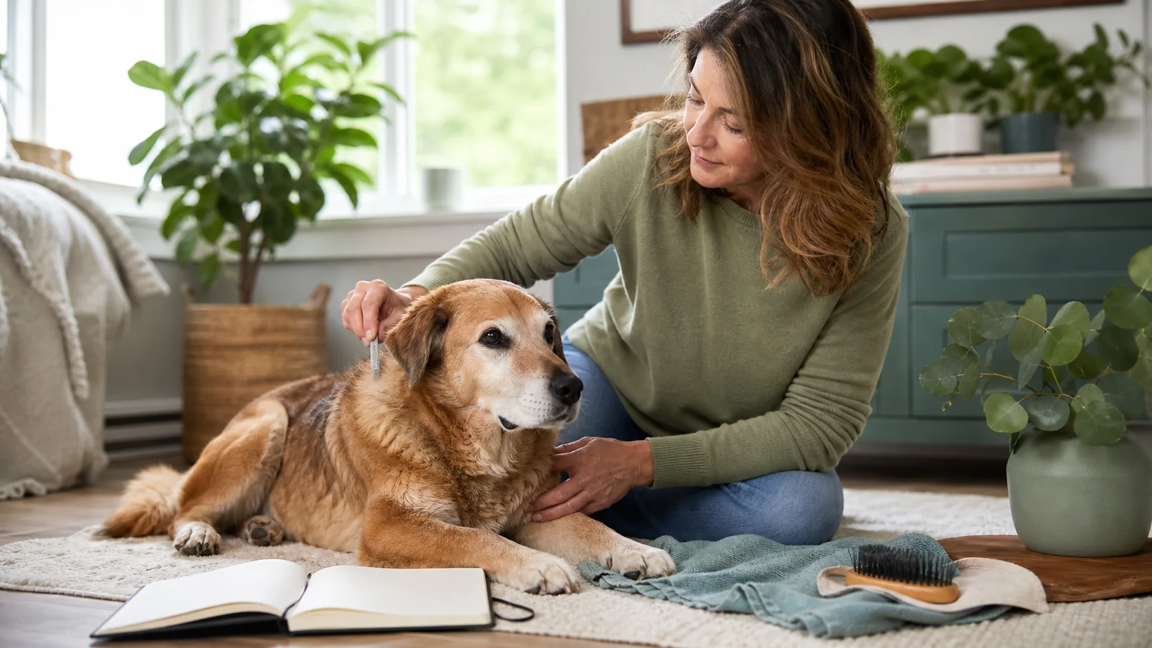 Healthy Paws Essentials scene illustrating environmental parasite risk and skin & coat changes in senior dogs