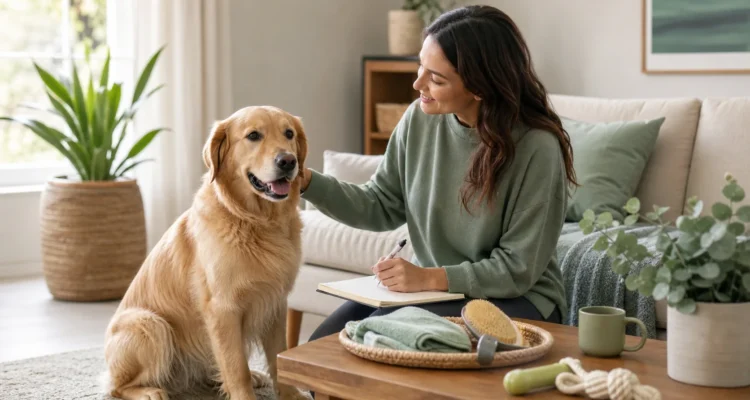 Healthy Paws Essentials scene illustrating life-stage preventive care checklist for dogs by age