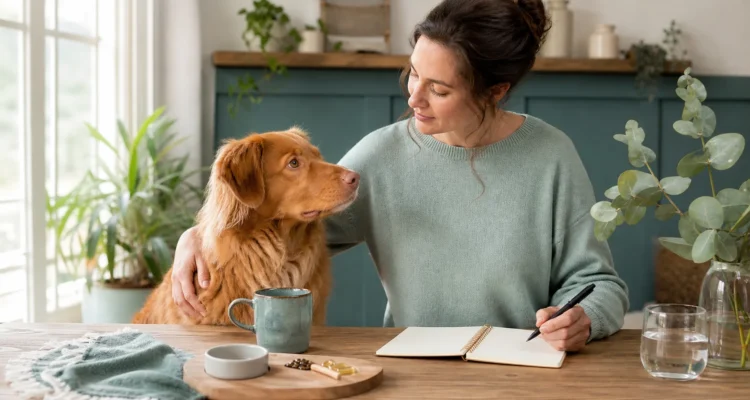 Healthy Paws Essentials scene illustrating seasonal and life-stage supplement review for dogs