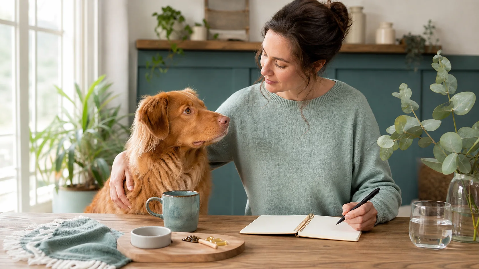 Healthy Paws Essentials scene illustrating seasonal and life-stage supplement review for dogs